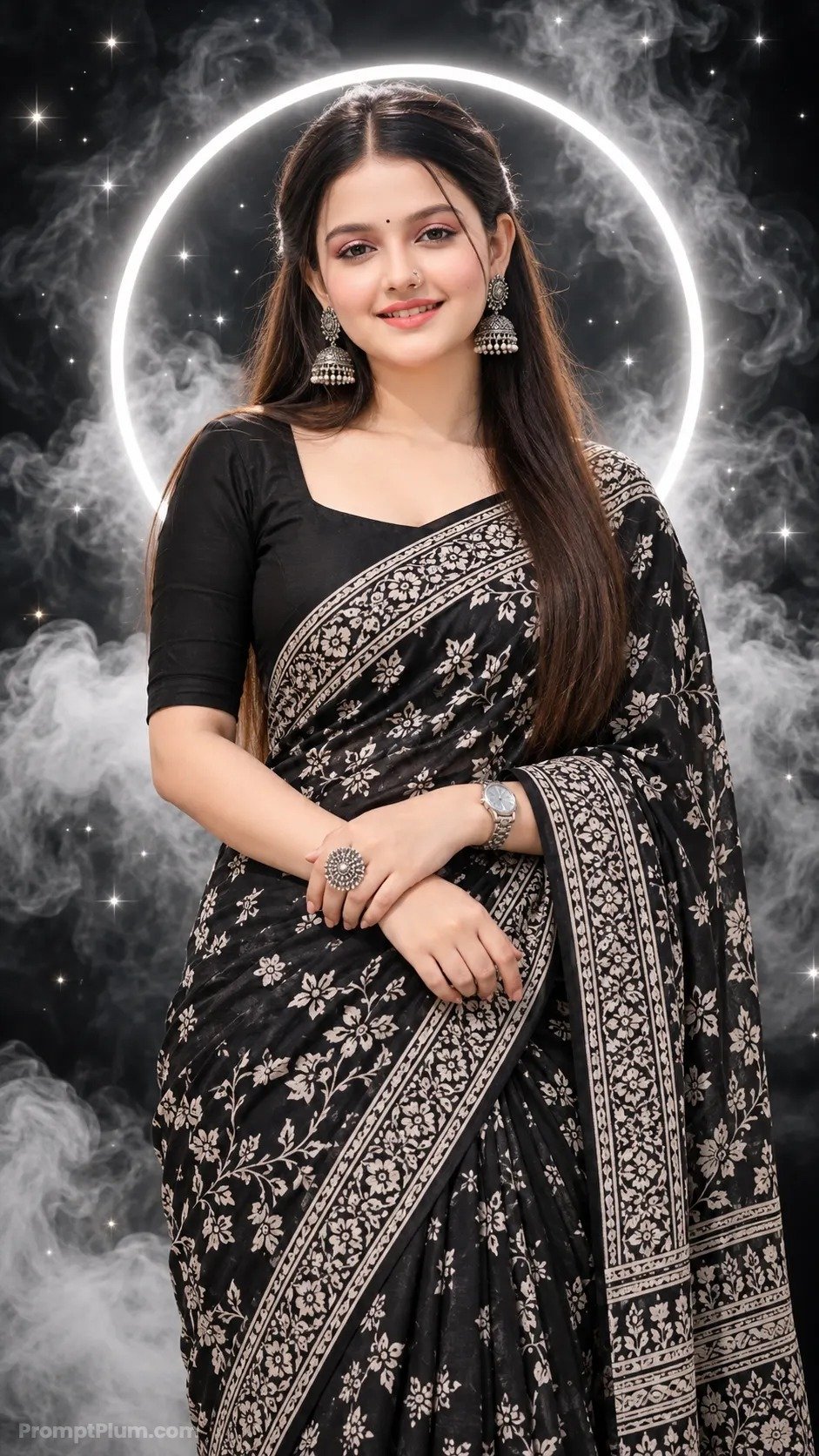 AI Photo Editing Prompt for a Beautiful Indian Girl in a Black Floral Saree