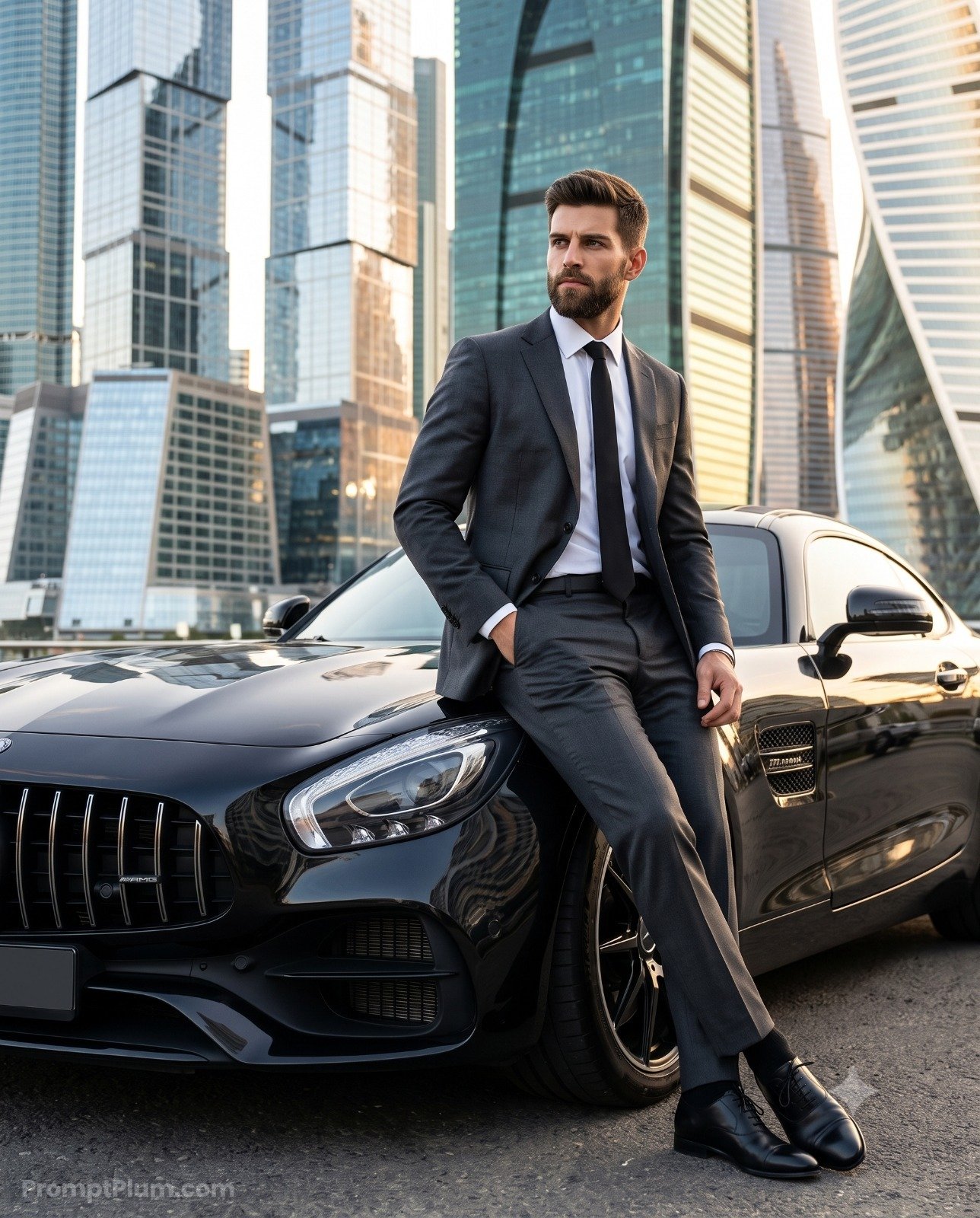 Modern City Street Portrait of Businessman and Car Prompt