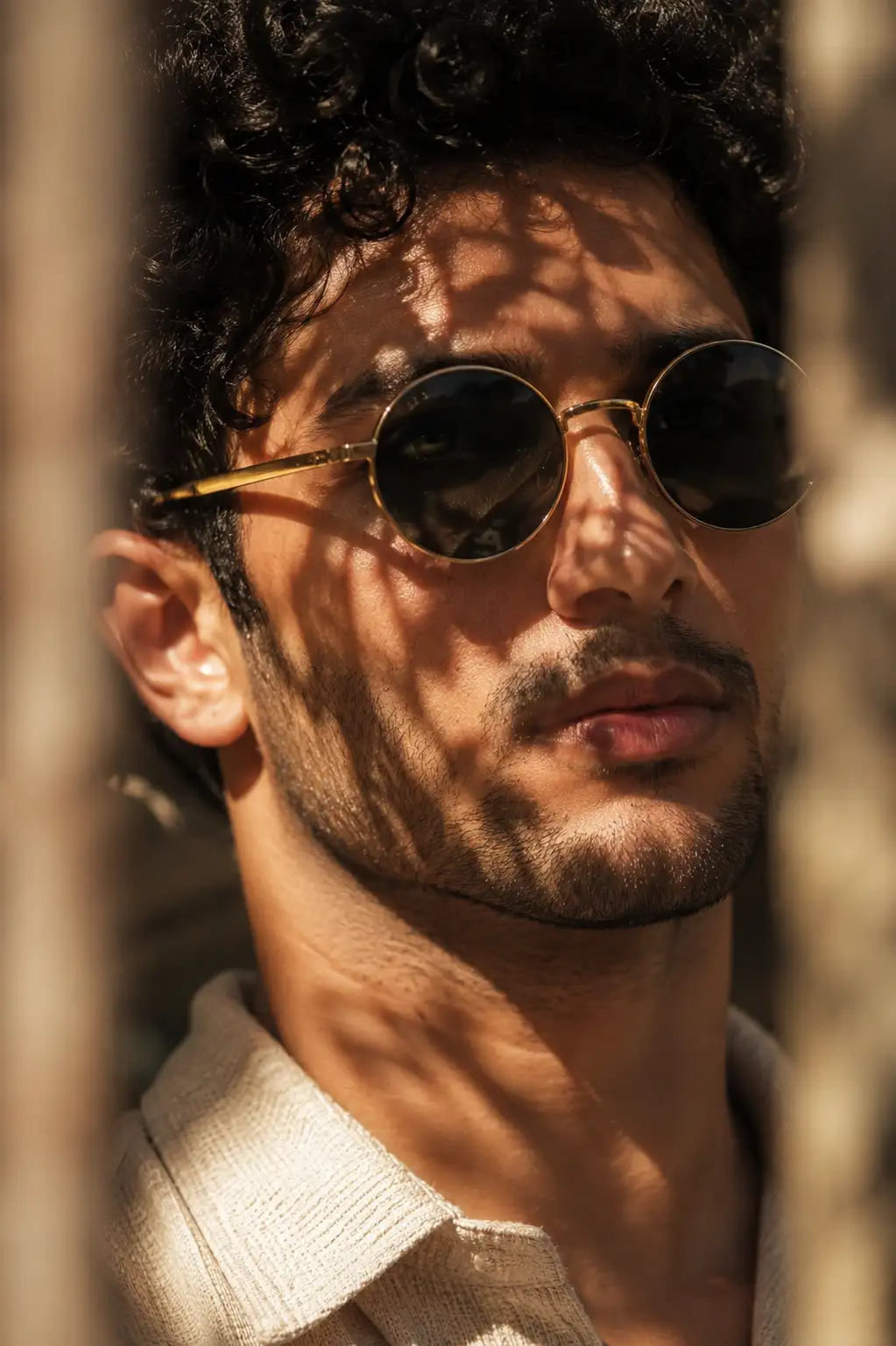 Dappled Shadows Portrait with Vintage Round Sunglasses