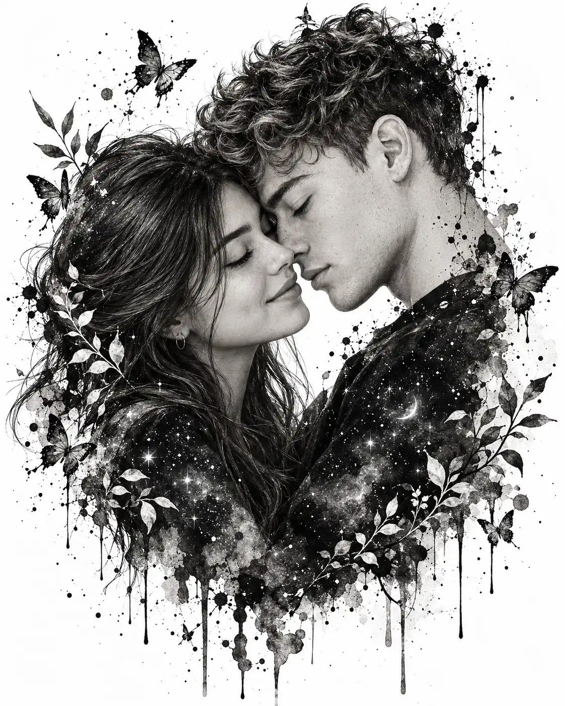 Black and White Couple Ink Illustration Prompt