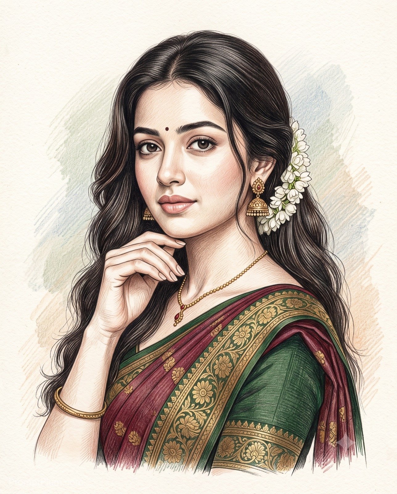 Beautiful Smiling Girl in Saree Illustration Prompt