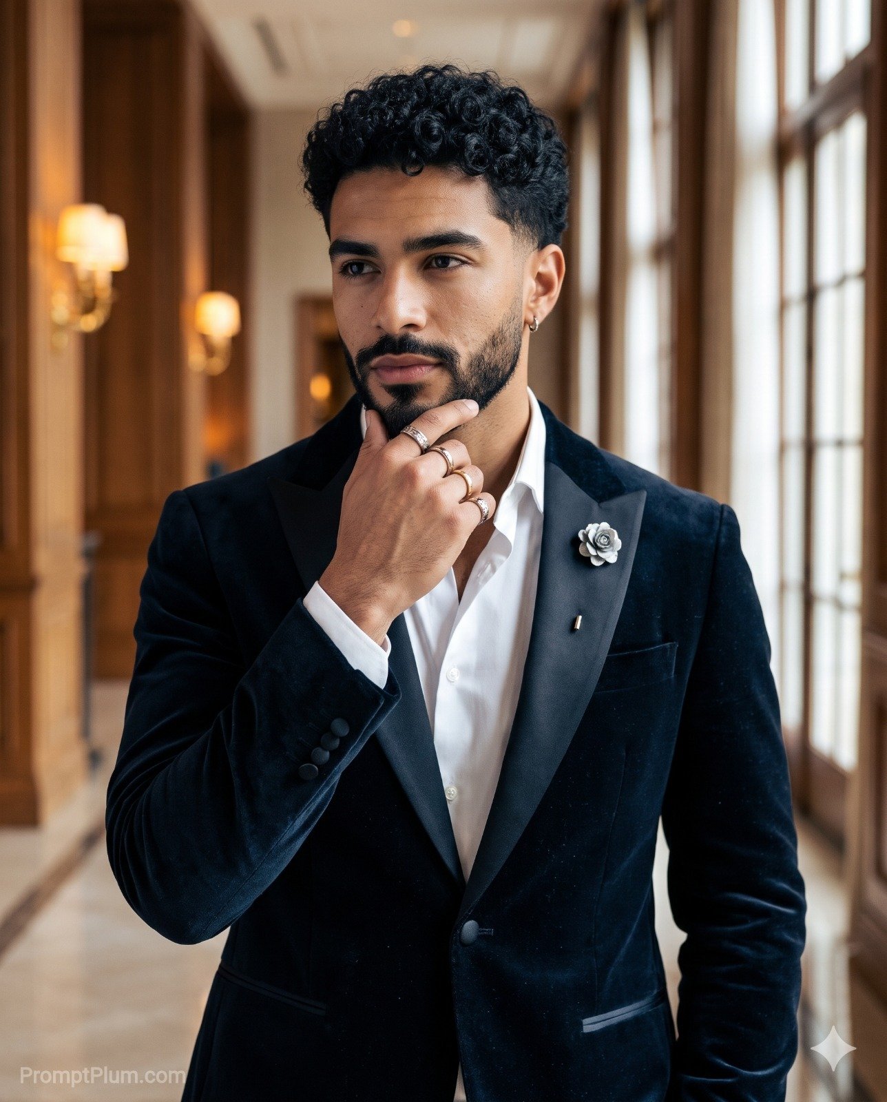 Elegant Man in Black Velvet Suit Portrait Prompt